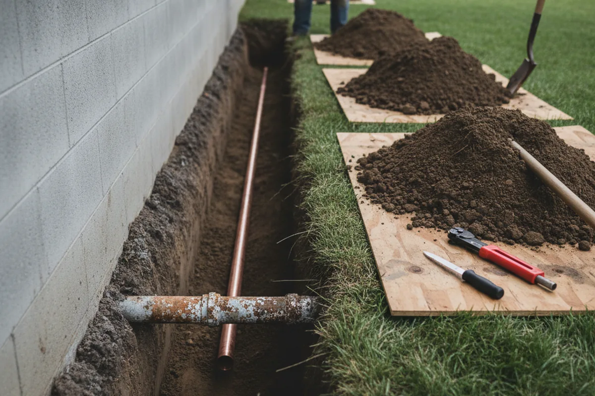 Excavated water line trench during Water Softener Installation in Gray Summit